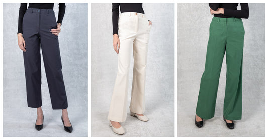 Photo collage of Astorie's pants from the Spring 2025 Collection, featuring the Slim Straight Pants, Flare Leg Pants, and Wide Leg Pants